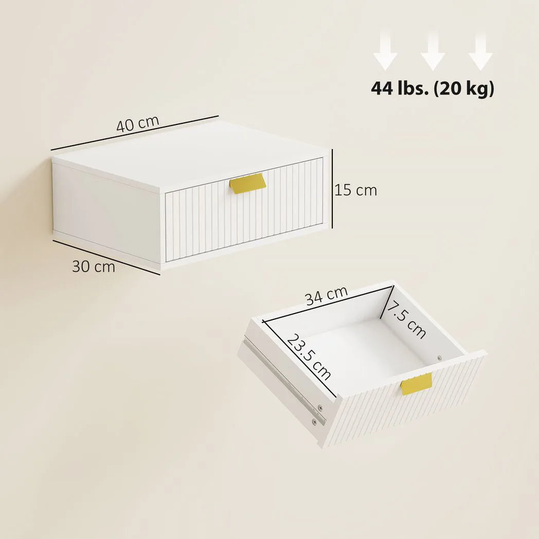 HOMCOM Floating Bedside Tables, Set of 2 Wall Mounted Nightstands with Wave Drawer, White