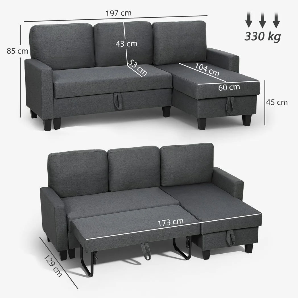 HOMCOM Three-Seater Storage Sofa Bed with Fold-Out Design and 110 cm Chaise Storage – Charcoal Grey