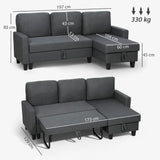 HOMCOM Three-Seater Storage Sofa Bed with Fold-Out Design and 110 cm Chaise Storage – Charcoal Grey