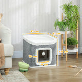 PawHut 2-Level Cat House with Top Bed and Fluffy Balls – Cosy Indoor Cat Cave for Kittens, Grey