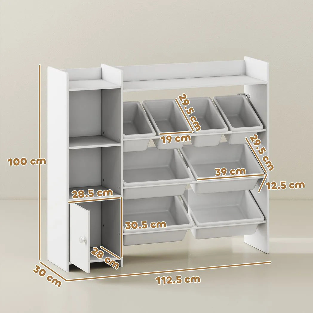 AIYAPLAY Kids Toy Storage Unit with 8 Removable Bins, Shelves & Cabinet – For Ages 3–8, White