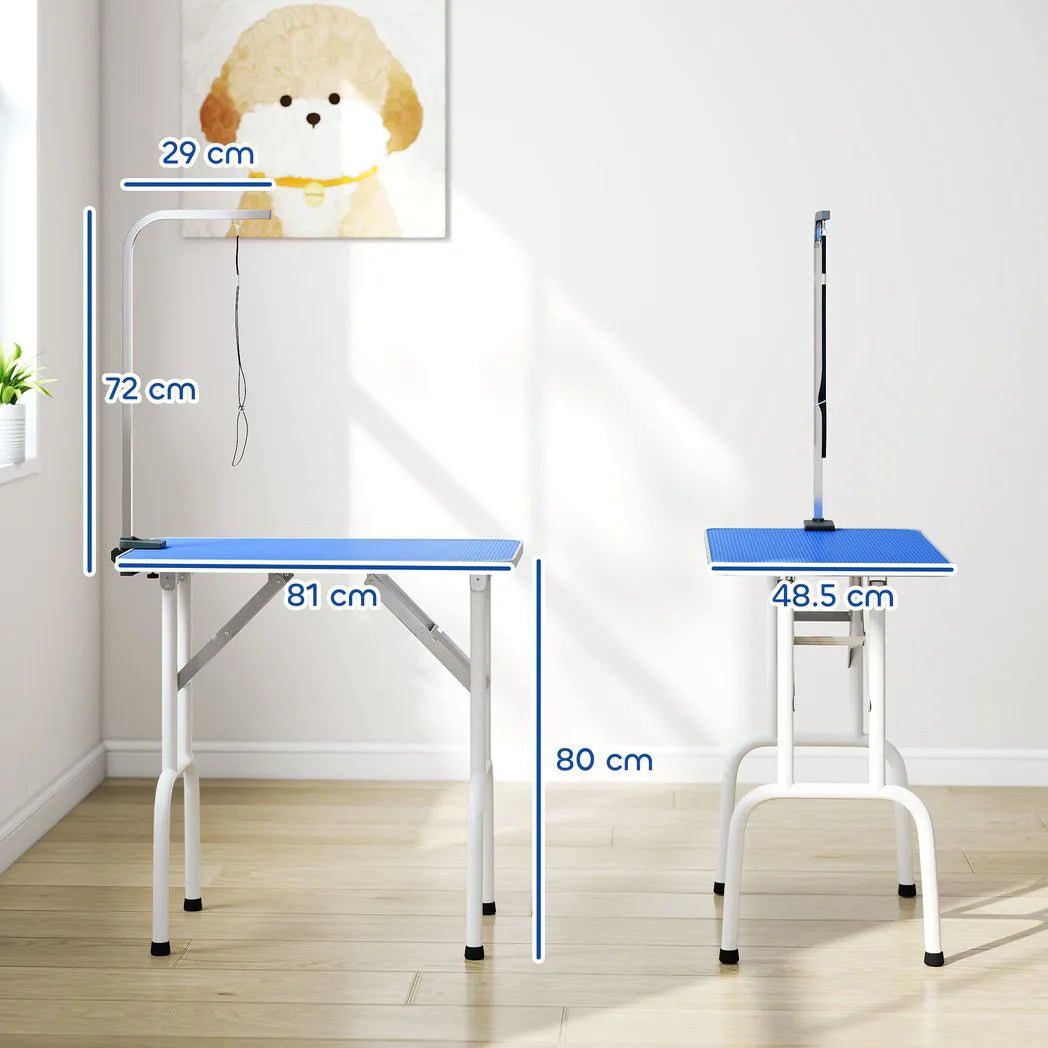 PawHut 32-Inch Foldable Dog Grooming Table with Adjustable Arm and Rubber Top – Pet Drying Table, Blue