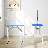 PawHut 32-Inch Foldable Dog Grooming Table with Adjustable Arm and Rubber Top – Pet Drying Table, Blue