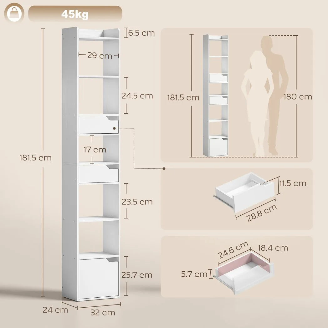 HOMCOM Tall Narrow Bookcase with Drawers and Bottom Cabinet – Freestanding Living Room Storage, White Wood Effect