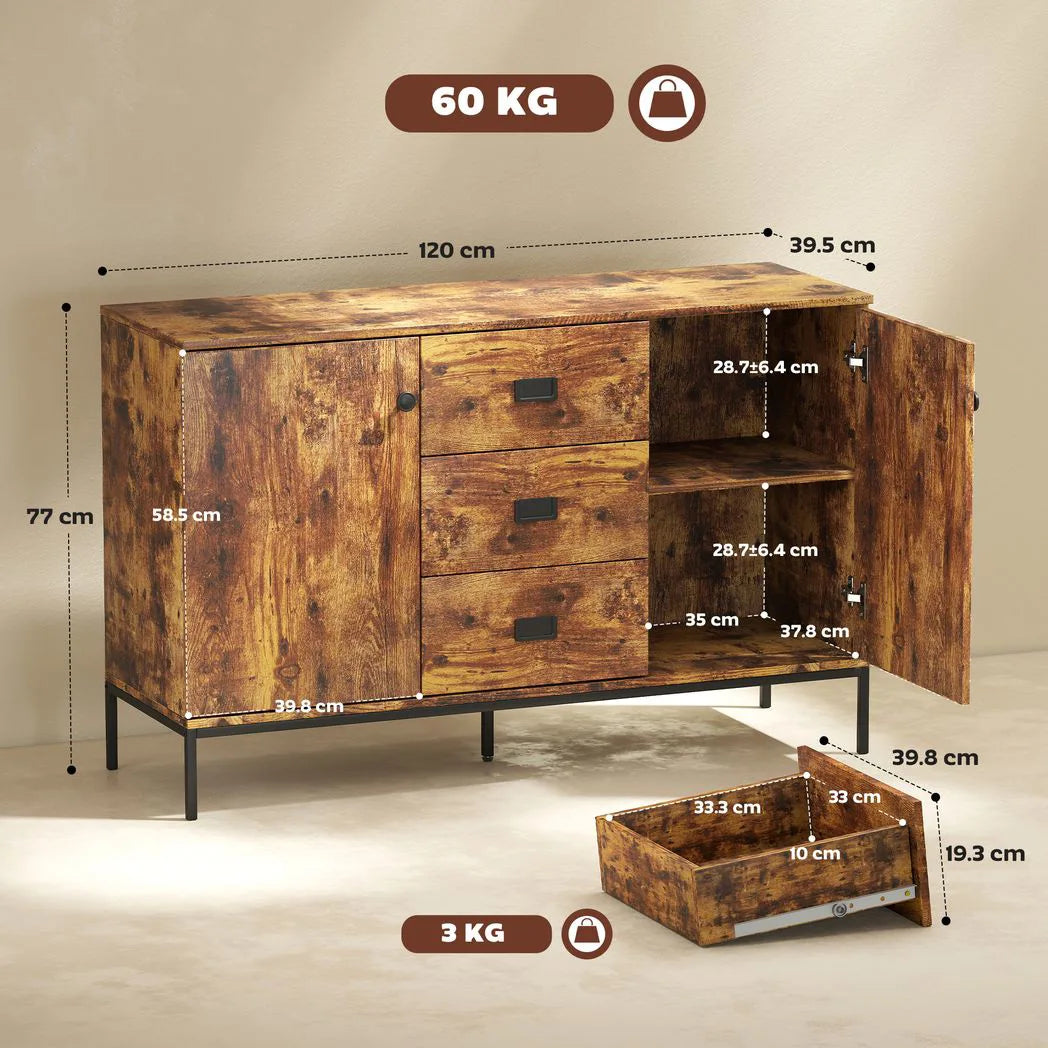 HOMCOM Modern Rustic Sideboard with 2 Cupboards and 3 Drawers – Kitchen Storage Cabinet with Metal Legs, Brown