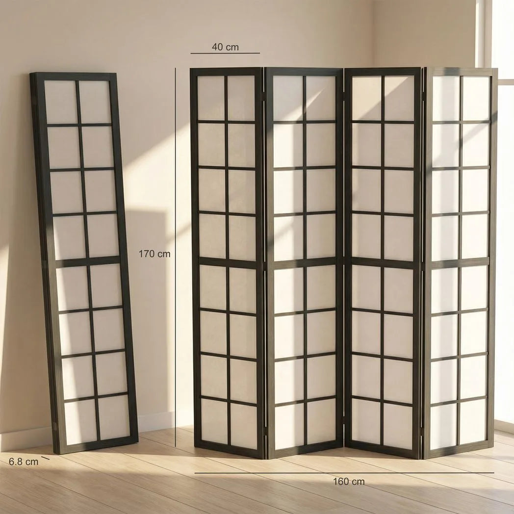 HOMCOM 4 Panel Folding Room Divider with Pine Wood Frame – Freestanding Privacy Screen for Living Room & Bedroom, Black
