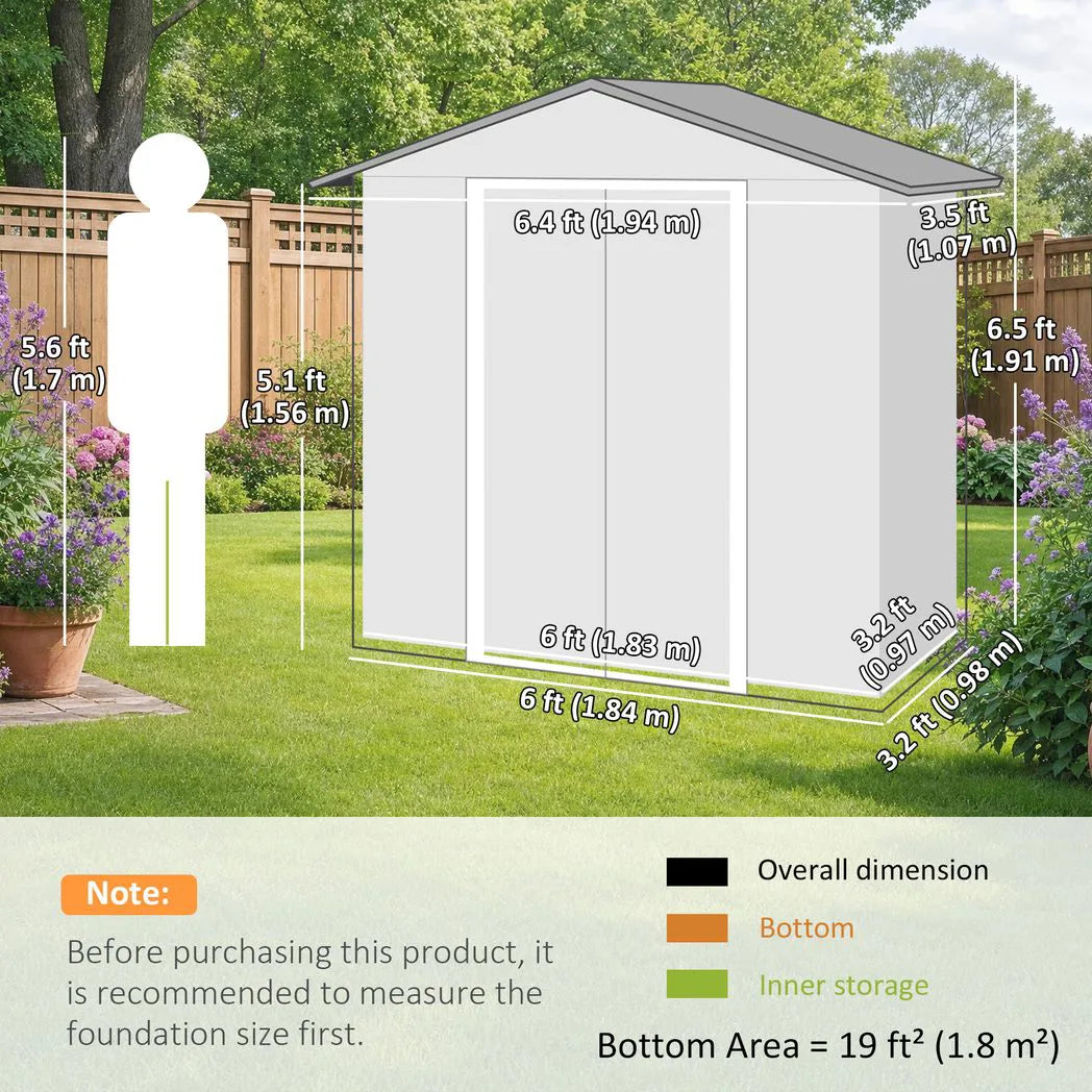 Outsunny 6.5 x 3.5ft Galvanised Metal Garden Shed with Double Doors and Vents, Light Grey