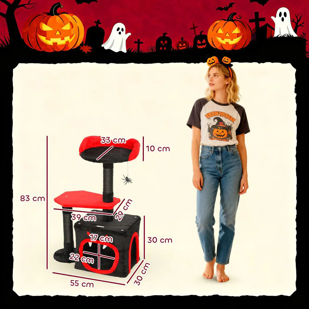 PawHut Gothic Halloween Cat Tree – 83cm Cat Tower with Sisal Scratching Posts, Condo, Coffin Platform, Bed and Spider Toy