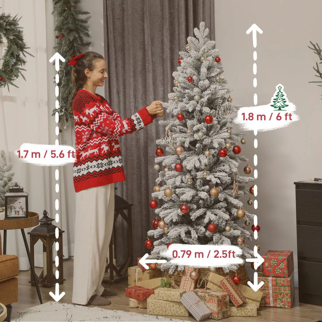 HOMCOM 6ft Flocked Artificial Christmas Tree with 756 Snow-Tipped Branches – Slim Tree, Metal Base