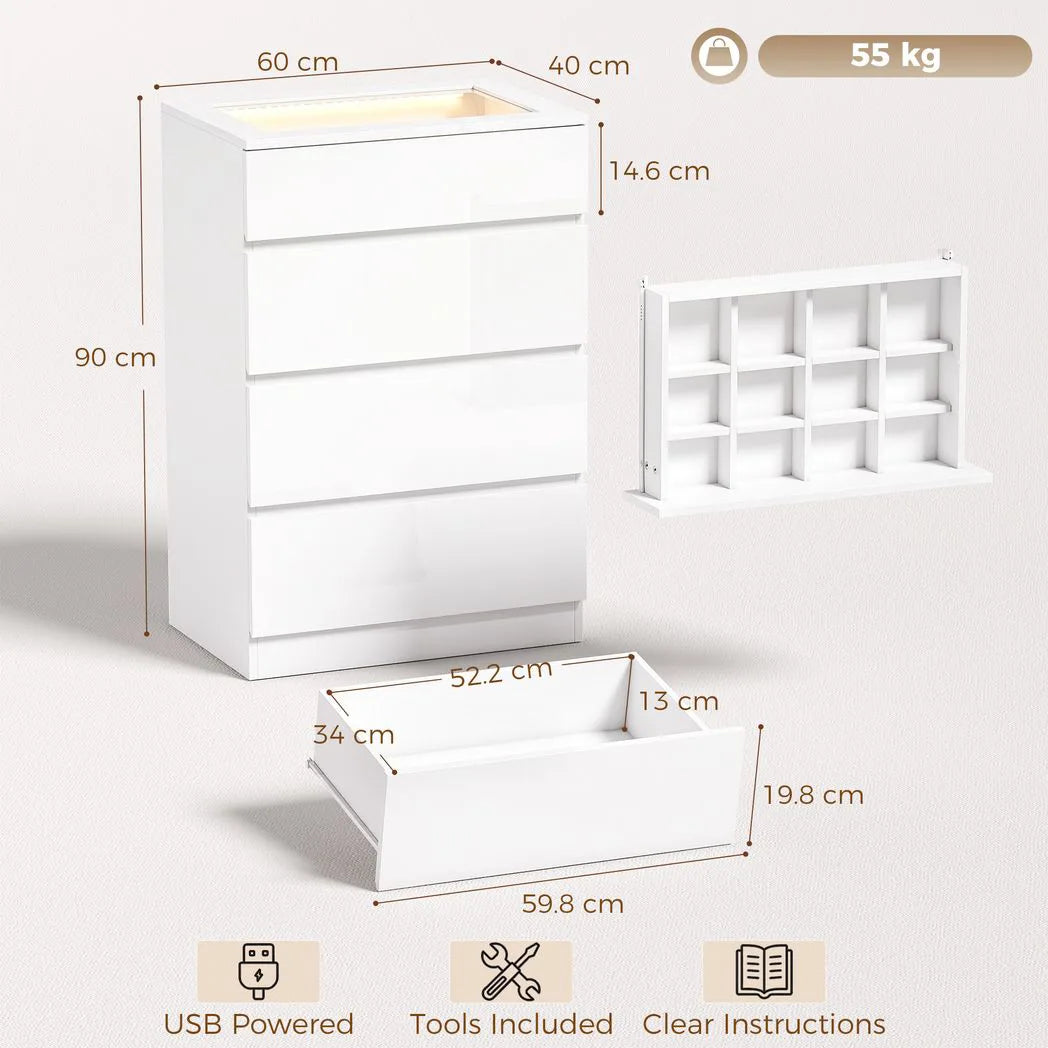 HOMCOM High Gloss 4 Drawer Chest of Drawers with Glass Top and RGB LED Lights, Dresser with Jewelry Organizer, APP Control