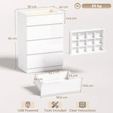 HOMCOM High Gloss 4 Drawer Chest of Drawers with Glass Top and RGB LED Lights, Dresser with Jewelry Organizer, APP Control