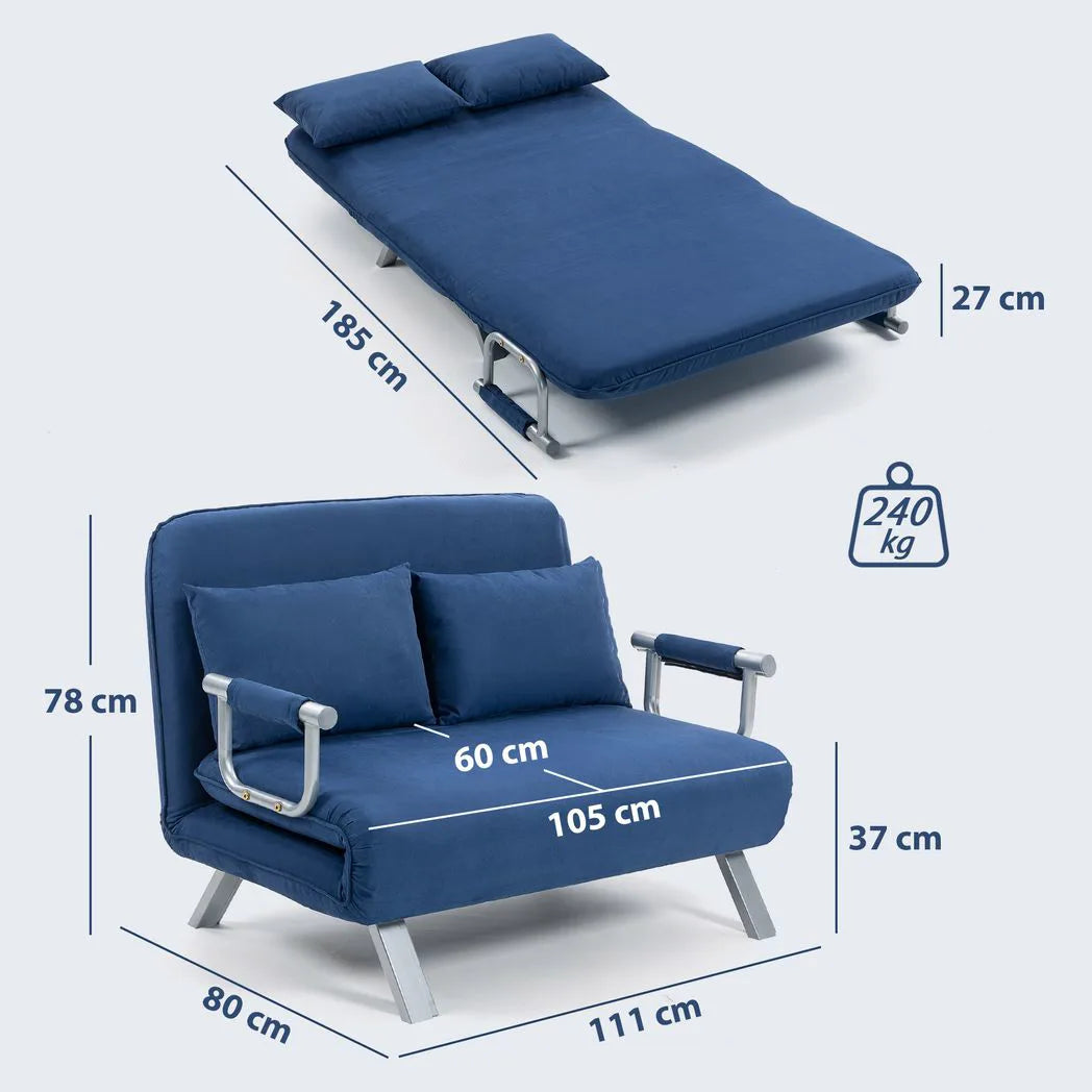 HOMCOM Two-Seater Click-Clack Sofa Bed with 5-Position Backrest – Faux Suede Folding Sleeper Sofa, Dark Blue
