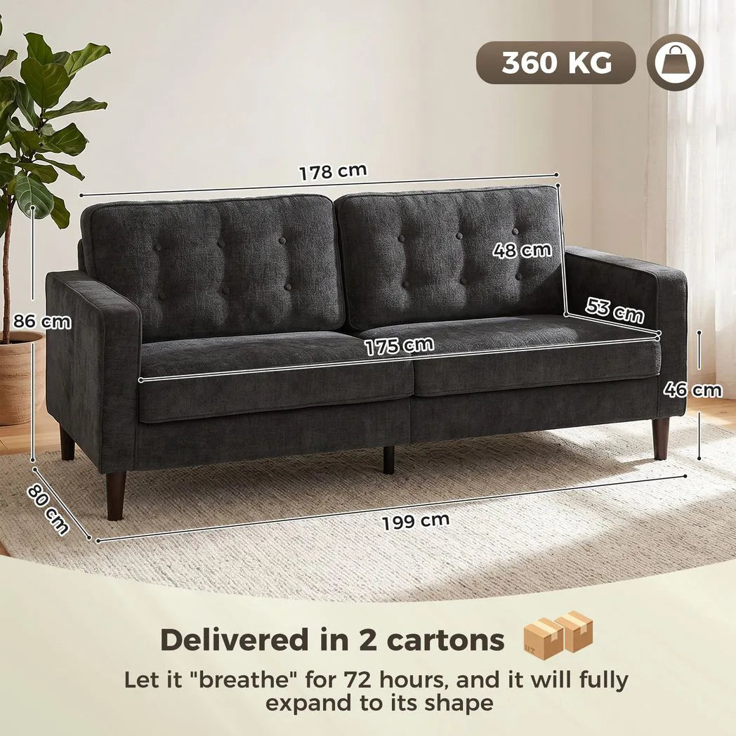 HOMCOM 3 Seater Sofa with Button-Tufted Back and Rubberwood Legs – Velvet-Feel Couch, Dark Grey