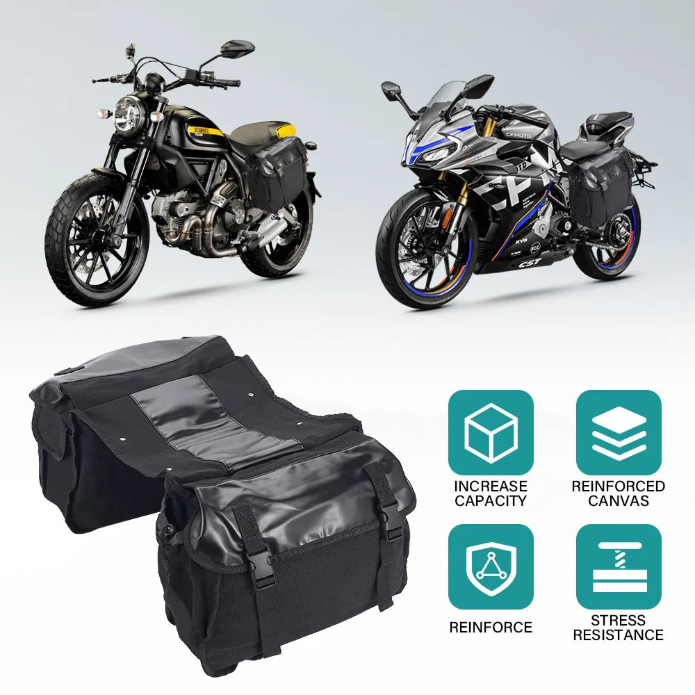 26L Motorcycle Saddle Bag with Two Side Pockets – Waterproof Canvas & PU Leather Panniers, Black