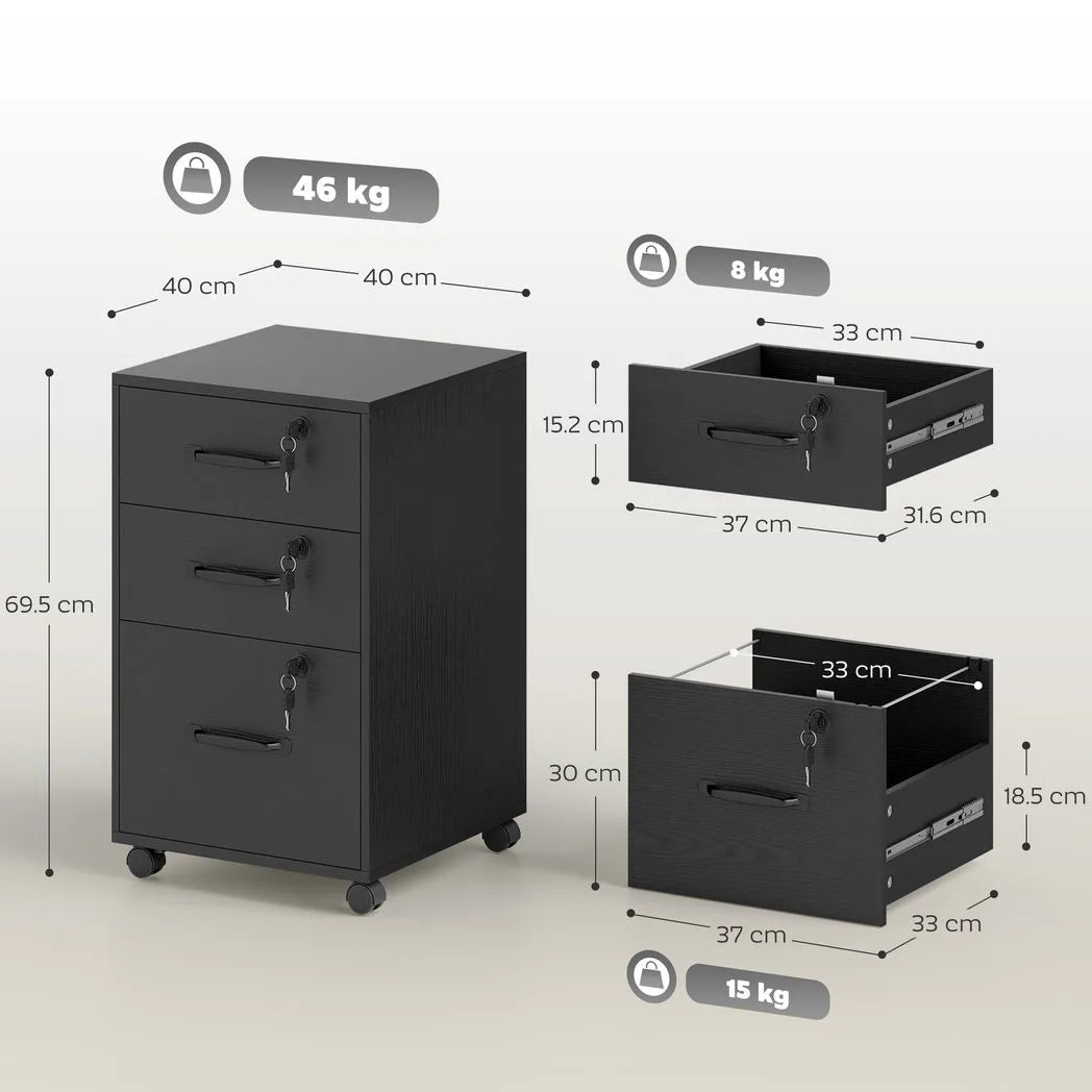 HOMCOM Three-Drawer Lockable Filing Cabinet with Wheels – Wood-Effect Under Desk Office Storage, Black