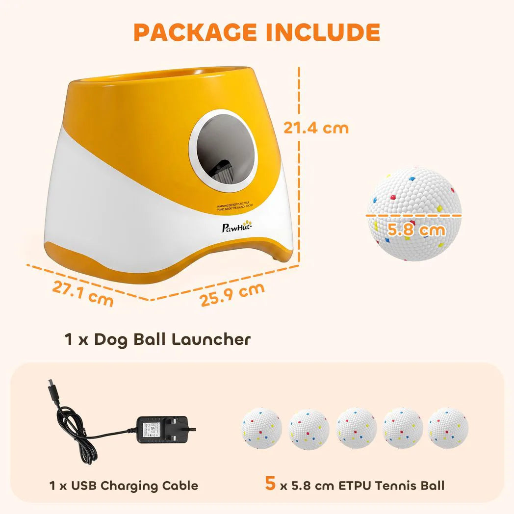 PawHut Automatic Dog Ball Launcher with 5 ETPU Balls, 6/10/14m Settings – Rechargeable Fetch Toy, Orange