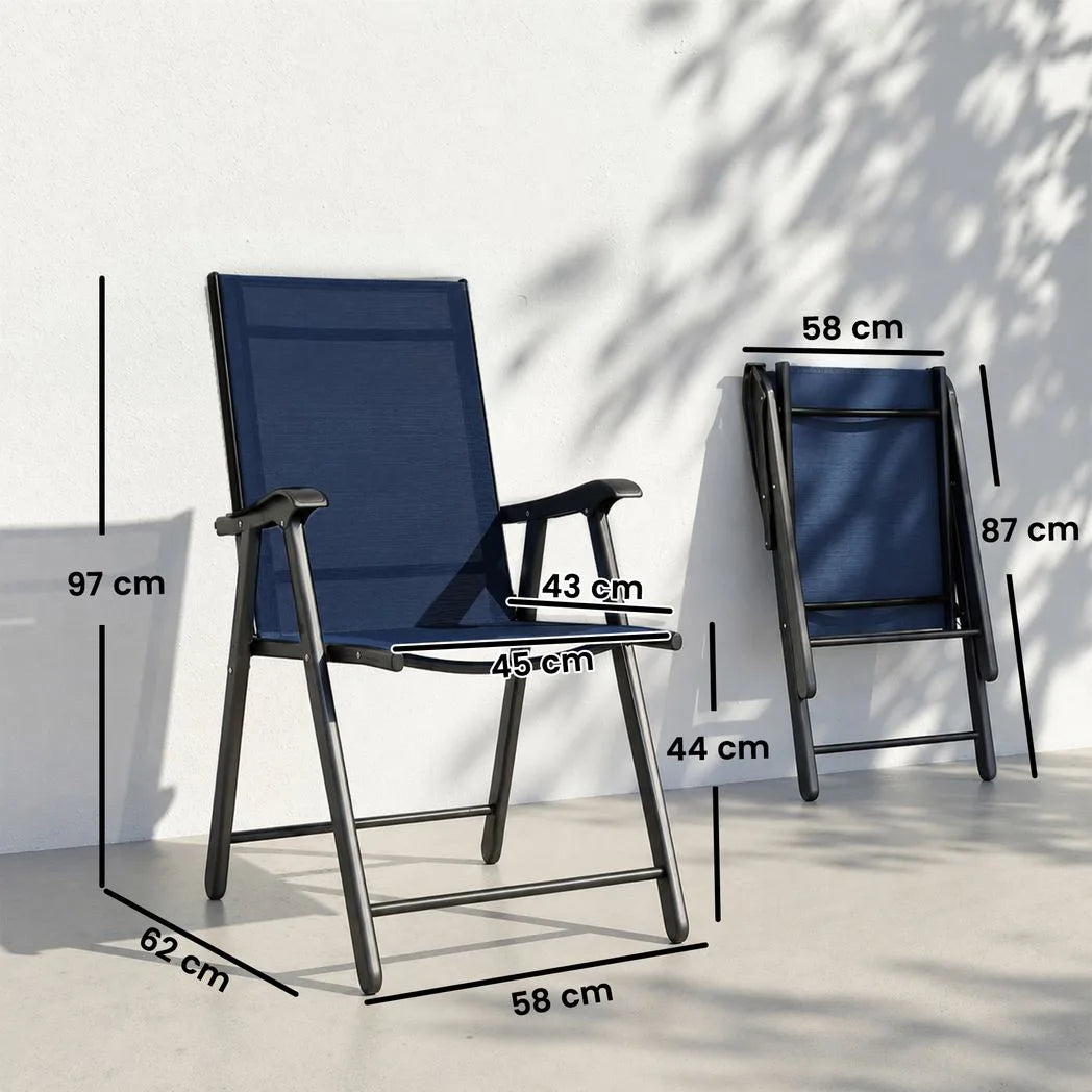 Outsunny Set of 2 Folding Garden Chairs with High Back, Armrests & Texteline Seat – Navy Blue