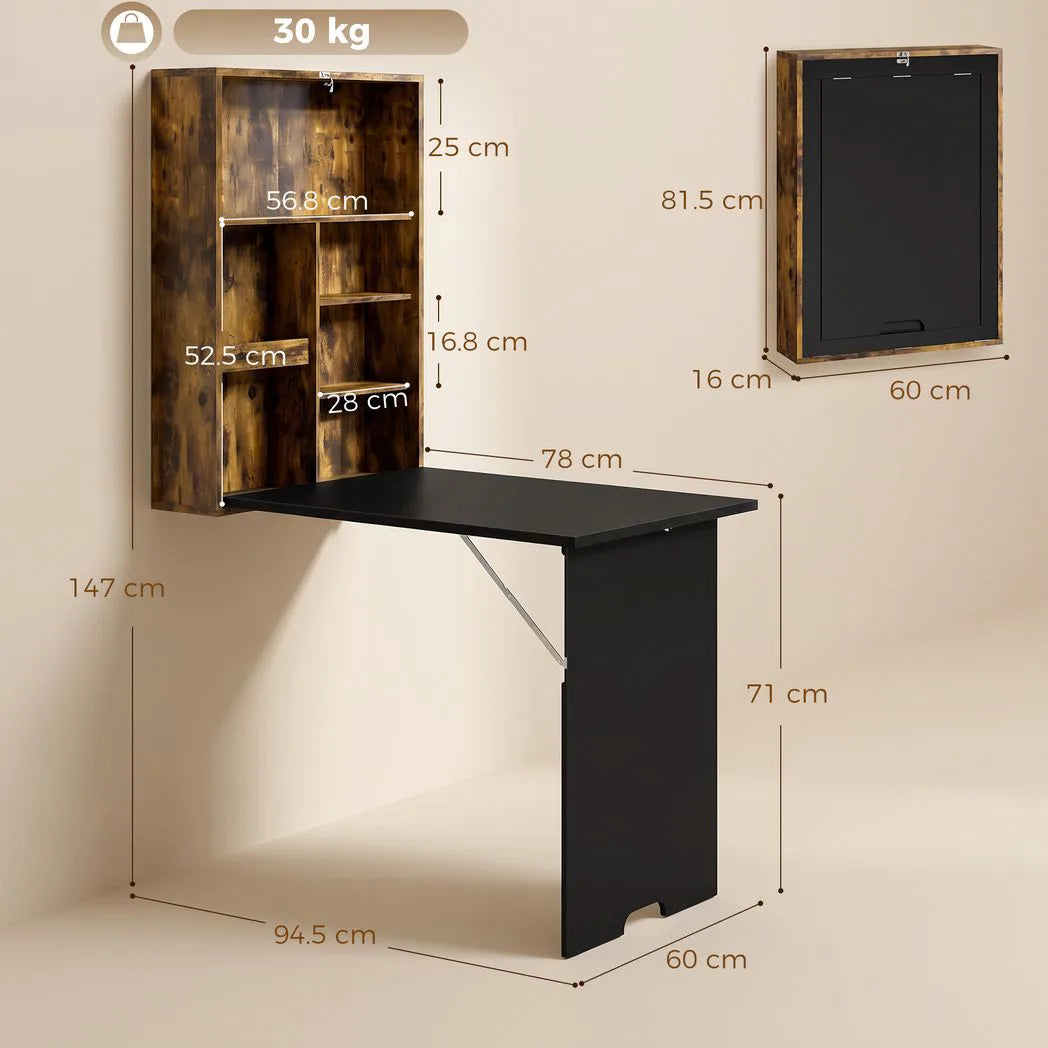 HOMCOM Folding Wall-Mounted Drop-Leaf Table with Chalkboard and Storage Shelf – Space-Saving Desk, Brown