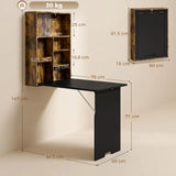 HOMCOM Folding Wall-Mounted Drop-Leaf Table with Chalkboard and Storage Shelf – Space-Saving Desk, Brown