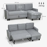 HOMCOM Three-Seater Storage Sofa Bed with Chaise & Linen-Look Upholstery – Fold-Out Sofa Bed, Grey