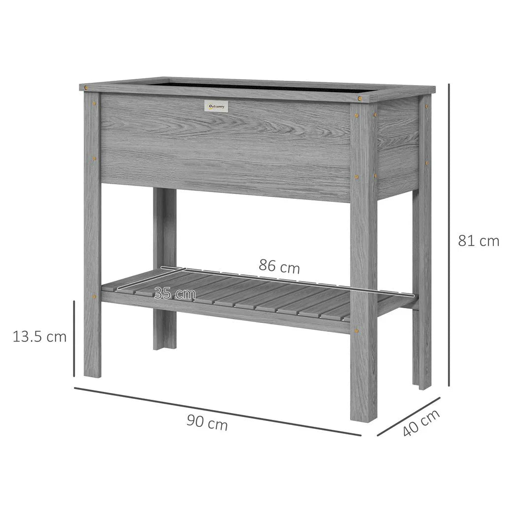 Outsunny Wooden Raised Garden Bed with Storage Shelf & Drainage Holes – 2-Tier Elevated Planter Box, Grey