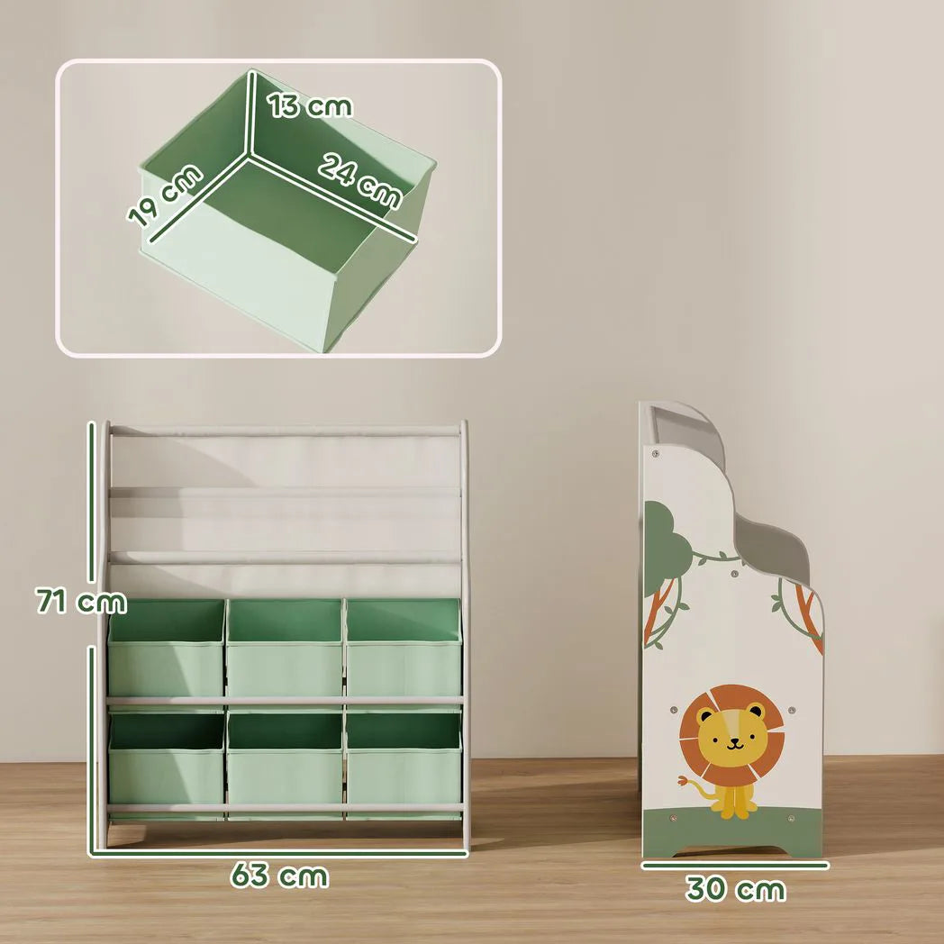 AIYAPLAY Kids Storage Unit with 6 Fabric Drawers and 2-Tier Sling Book Rack – Toy Organiser, Green