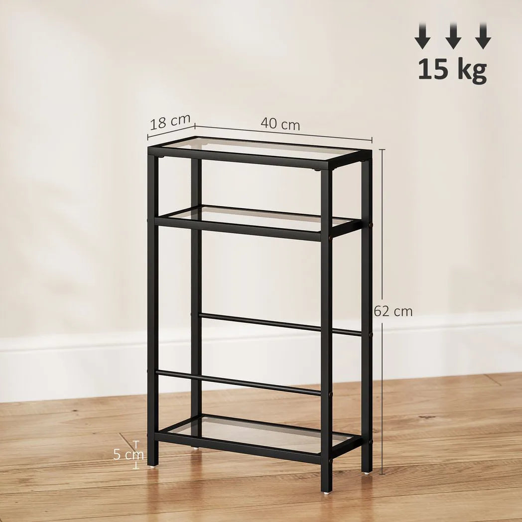 HOMCOM 3-Tier Narrow Side Table with Tempered Glass Shelves – Slim End Table for Small Spaces, Black