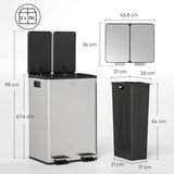 HOMCOM 56L Dual Compartment Pedal Bin with Deodoriser Holders & Soft-Close Lid – Stainless Steel
