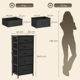 HOMCOM Chest of Drawers with 5 Fabric Drawers, 4 Pockets, 2 Hooks and Steel Frame – Tall Storage, Black