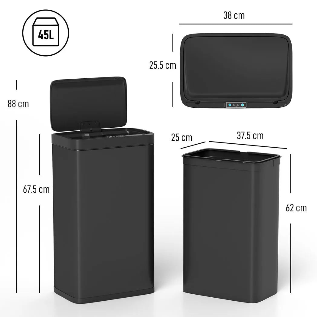HOMCOM 45L Automatic Kitchen Sensor Bin with Infrared Touch-Free Lid and Removable Bucket, Black