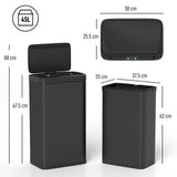 HOMCOM 45L Automatic Kitchen Sensor Bin with Infrared Touch-Free Lid and Removable Bucket, Black