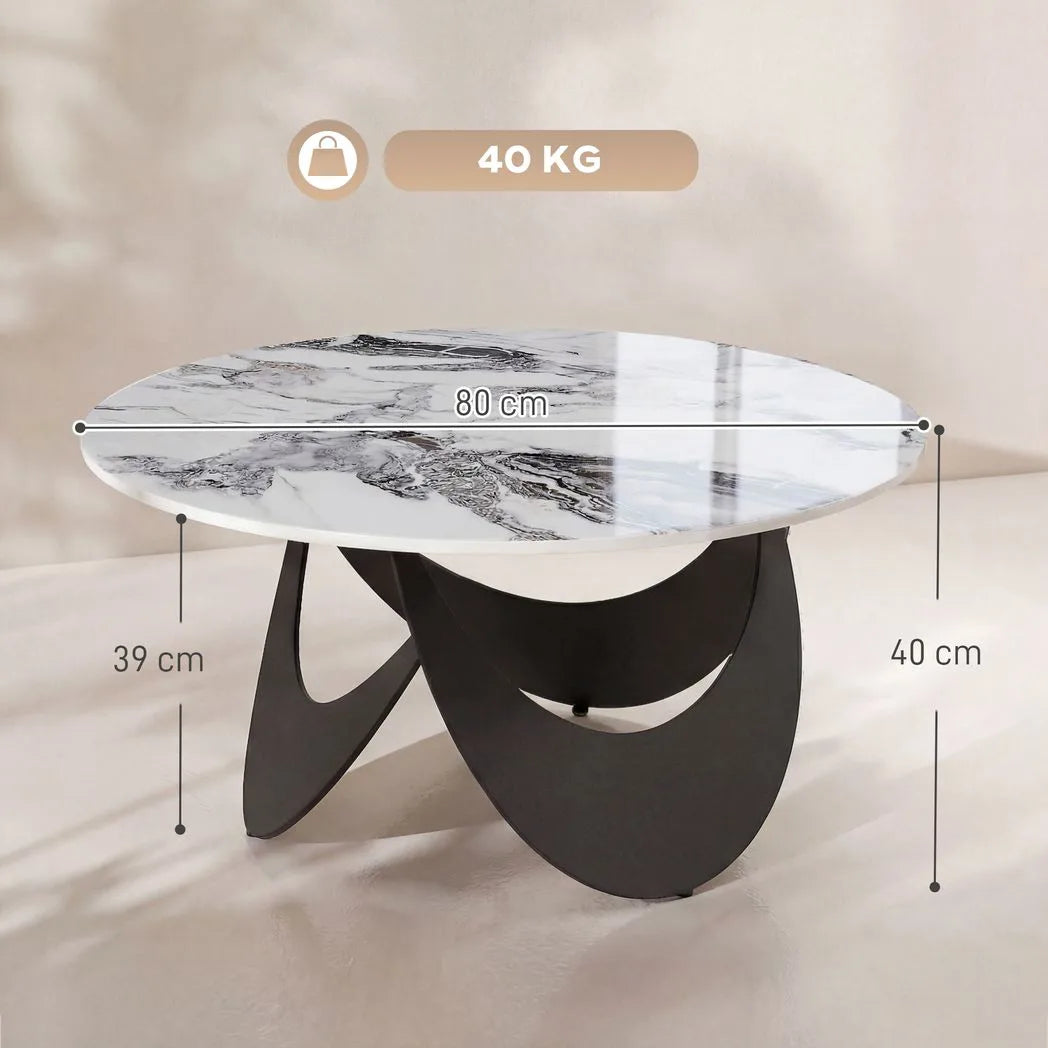 HOMCOM Round Coffee Table with Sintered Stone Top and Adjustable Foot Pads – Living Room, White and Black