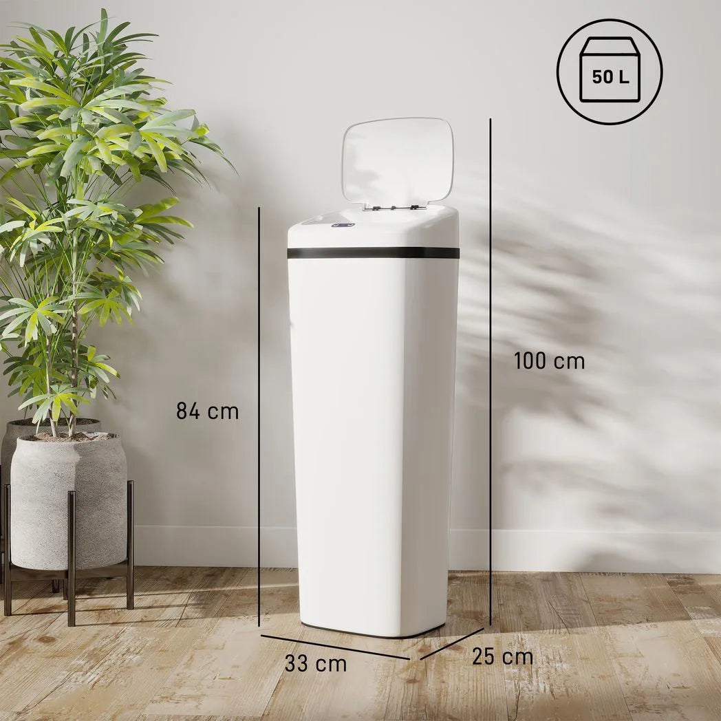 HOMCOM 50L Stainless Steel Sensor Bin with Bag-Fixing Ring – Slim Hands-Free Kitchen Waste Bin, White