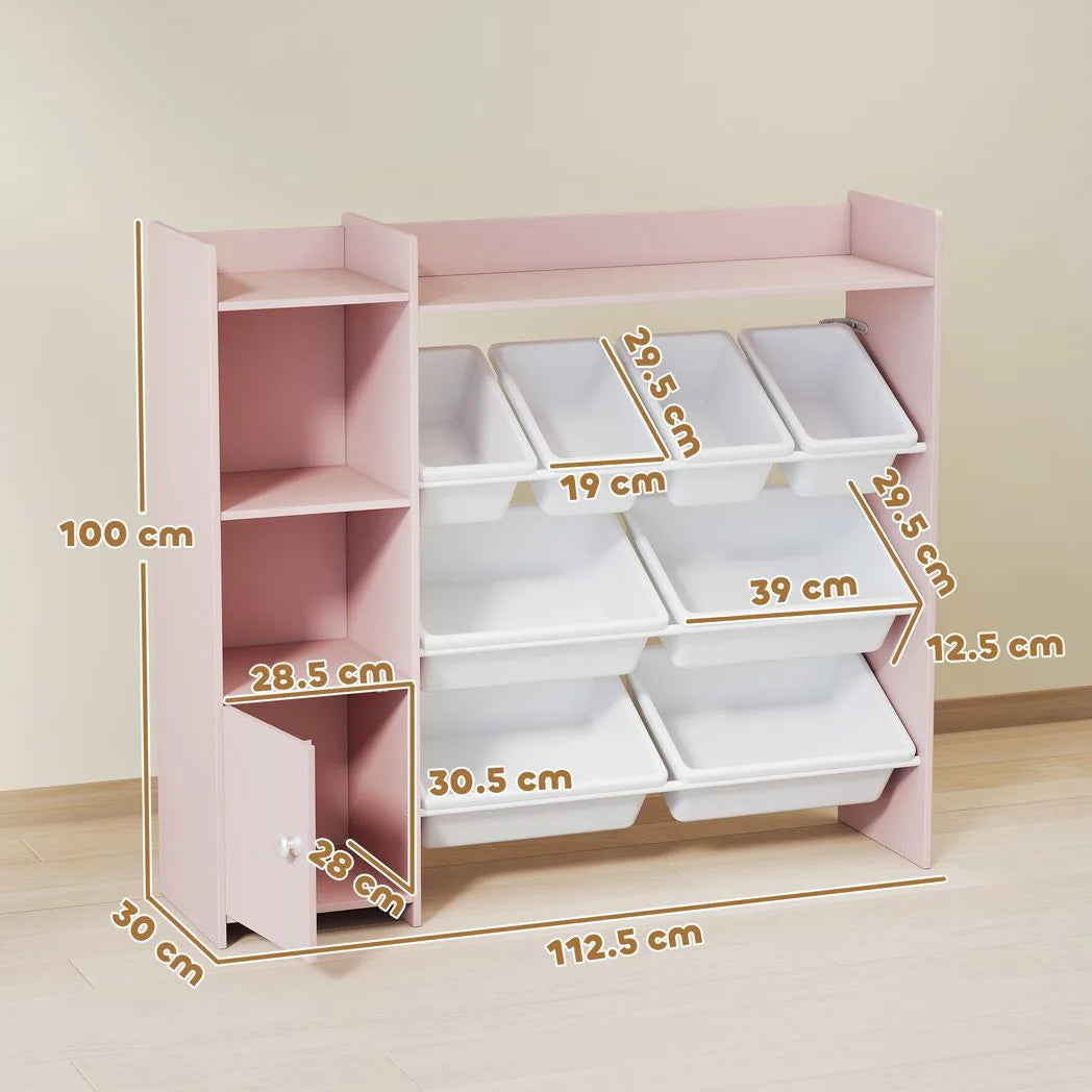 AIYAPLAY Kids Toy Storage Unit with 8 Removable Bins, Shelves & Cabinet – Pink