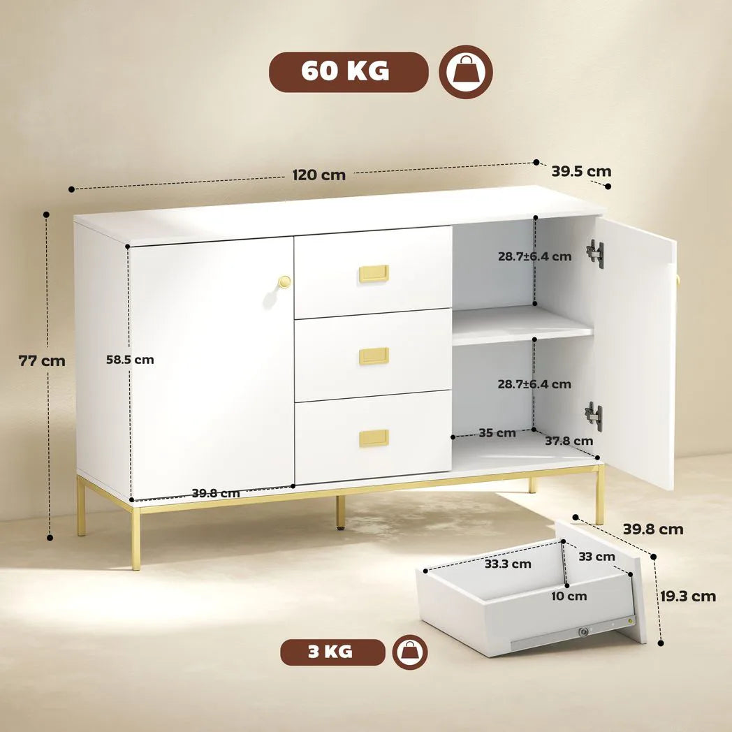 HOMCOM Modern White and Gold Sideboard with 2 Cupboards and 3 Drawers – Dining Room, Kitchen Storage Cabinet