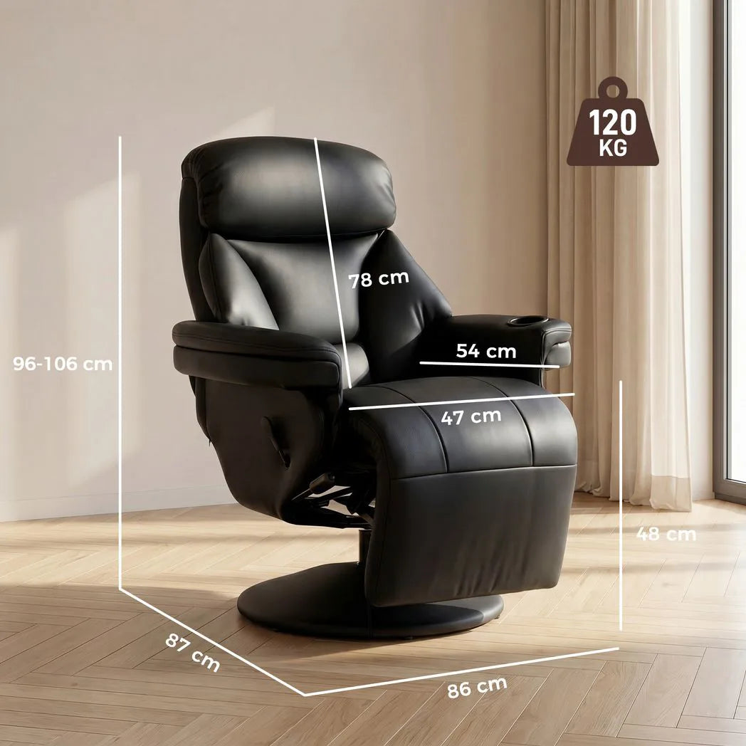 HOMCOM PU Leather Manual Recliner Armchair with 360° Swivel, Footrest and Cup Holder – Living Room Chair, Black