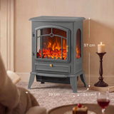 HOMCOM 1000/2000W Electric Fireplace Stove with 3D Flame Log and Thermostat – Freestanding Heater, Grey