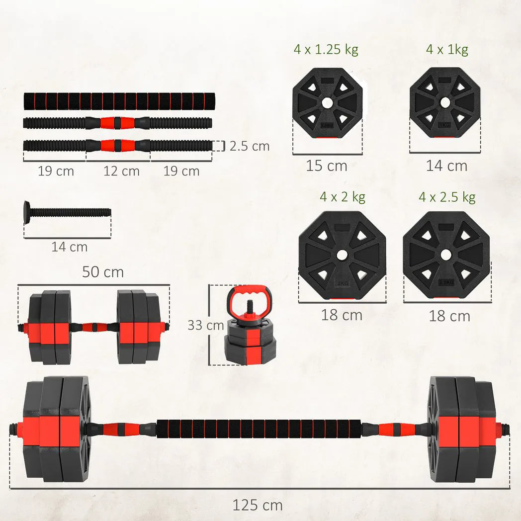 SPORTNOW 6-in-1 Adjustable Dumbbell Set, 30kg – Converts to Kettlebell, Barbell & Push-Up Stand for Home Gym, Red
