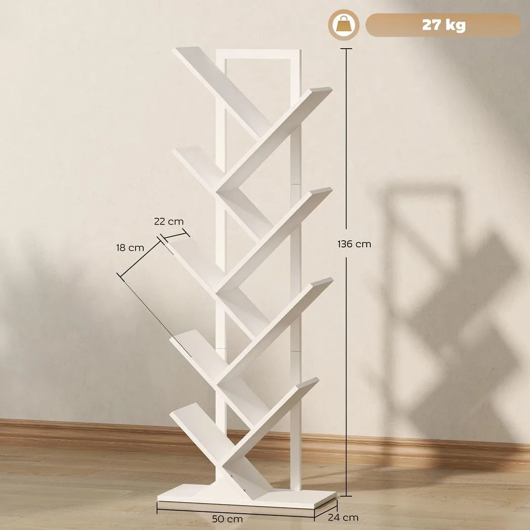 HOMCOM 9-Tier Tree Bookshelf with Steel Frame – Industrial Free Standing Bookcase for Books & Display, White