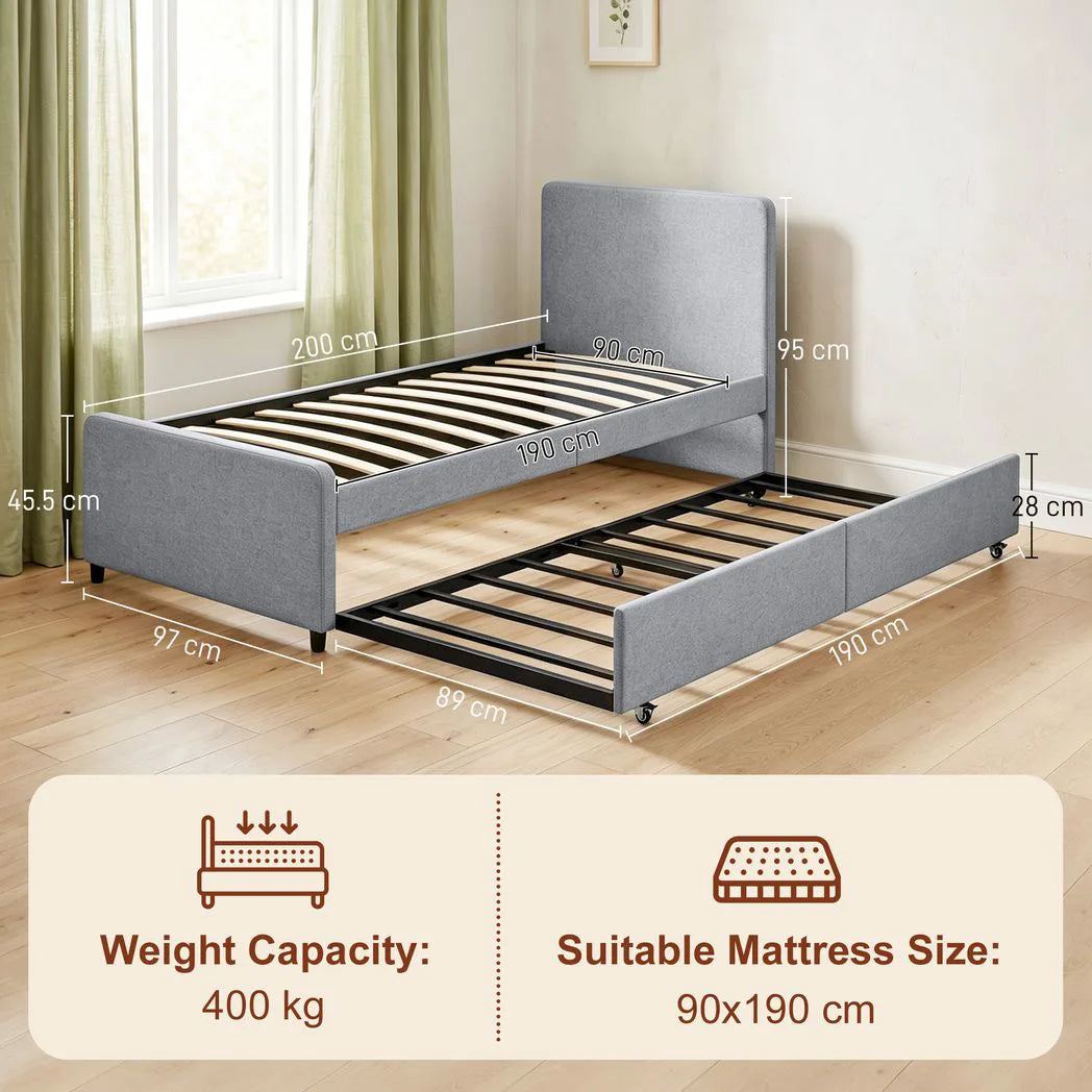 HOMCOM 3ft Single Upholstered Trundle Bed Frame with Headboard and Footboard – Pull-Out Guest Bed, Light Grey