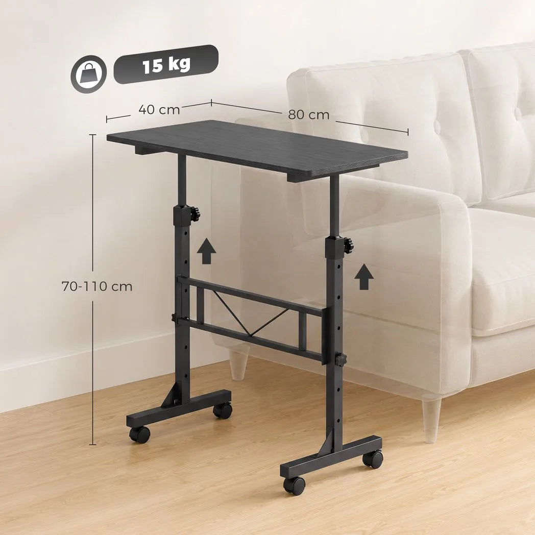 HOMCOM Overbed Table with Height Adjustment and Wheels, 80 x 40 cm – Sofa Side Table and Laptop Desk, Black