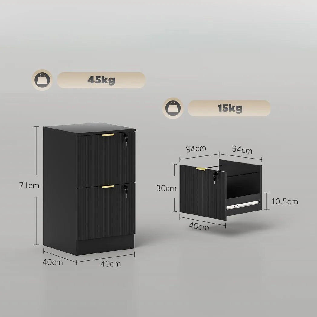 HOMCOM Fluted Vertical Filing Cabinet with 2 Lockable Drawers and Hanging Rails – Home Office Storage, Black