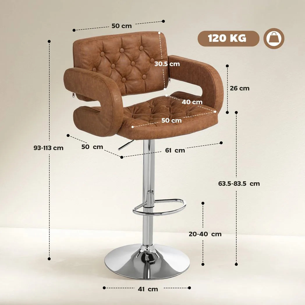 HOMCOM PU Leather Swivel Bar Stool with Back, Armrest and Footrest – Height Adjustable, Brown