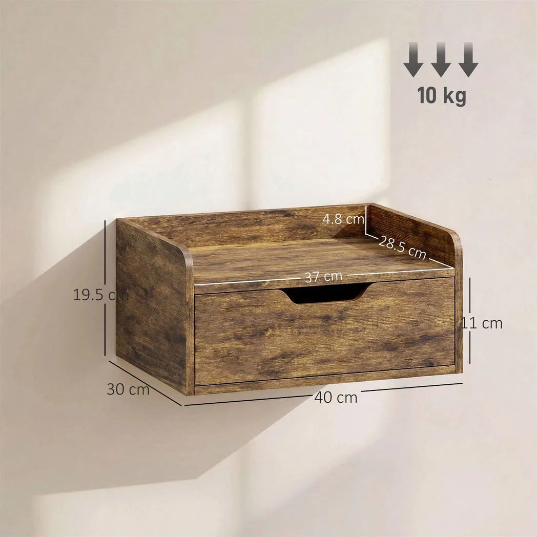 HOMCOM Floating Nightstands Set of 2 with Sliding Drawer, Wall Mounted Bedside Tables for Bedroom, Rustic Brown