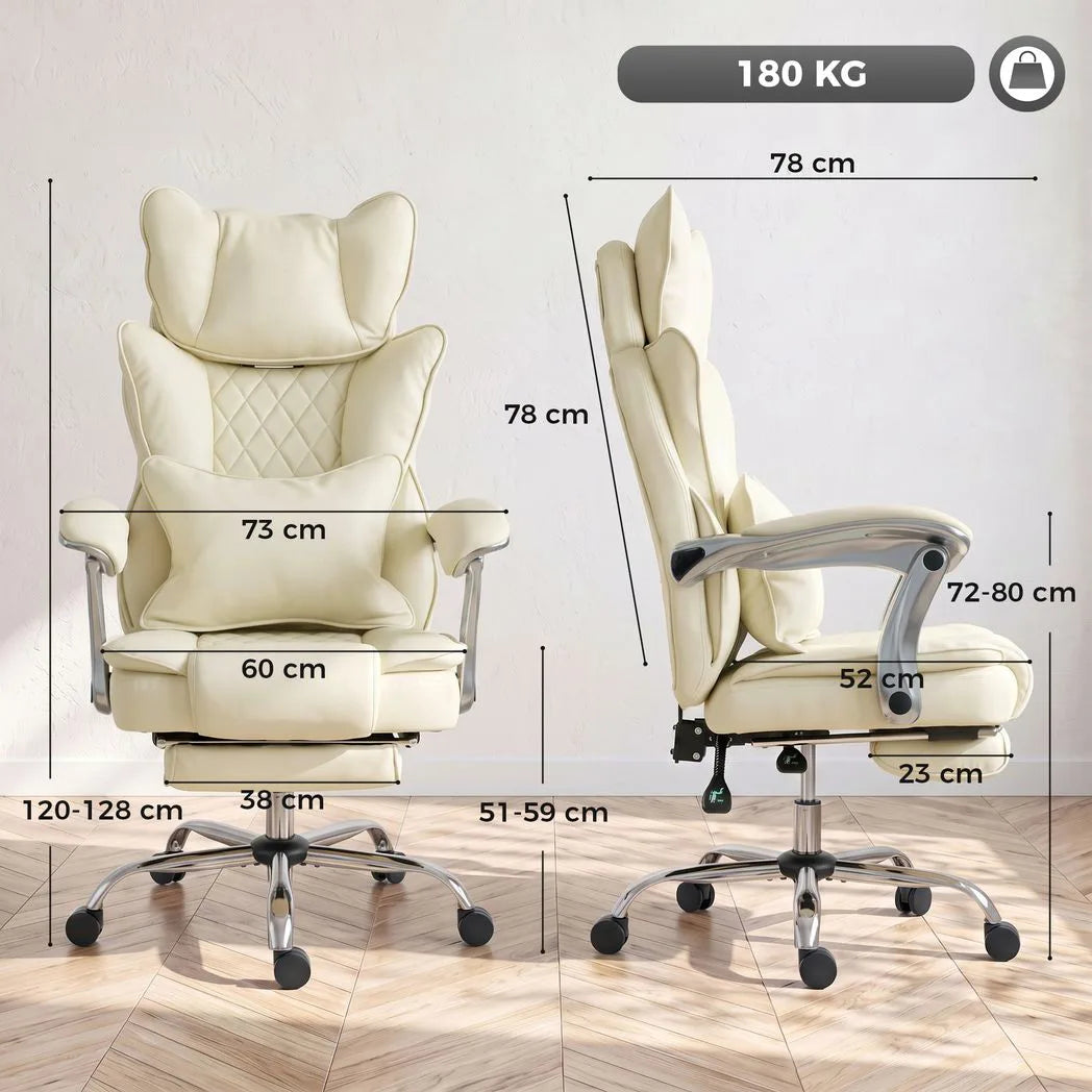 HOMCOM Executive Big and Tall Office Chair, 180kg Capacity, Reclining PU Leather with Footrest, Beige