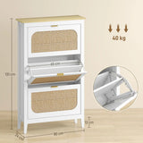 HOMCOM Boho Slim Shoe Cabinet with 3 Flip Drawers and Rattan Doors – Holds 21 Pairs, White