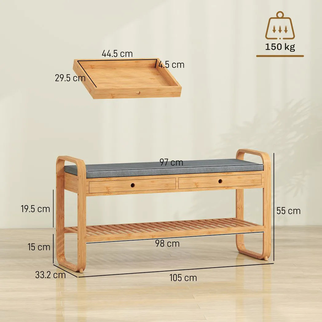 HOMCOM Bamboo Shoe Bench with 2 Drawers and Cushioned Seat – 105 cm, Natural and Grey