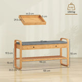 HOMCOM Bamboo Shoe Bench with 2 Drawers and Cushioned Seat – 105 cm, Natural and Grey