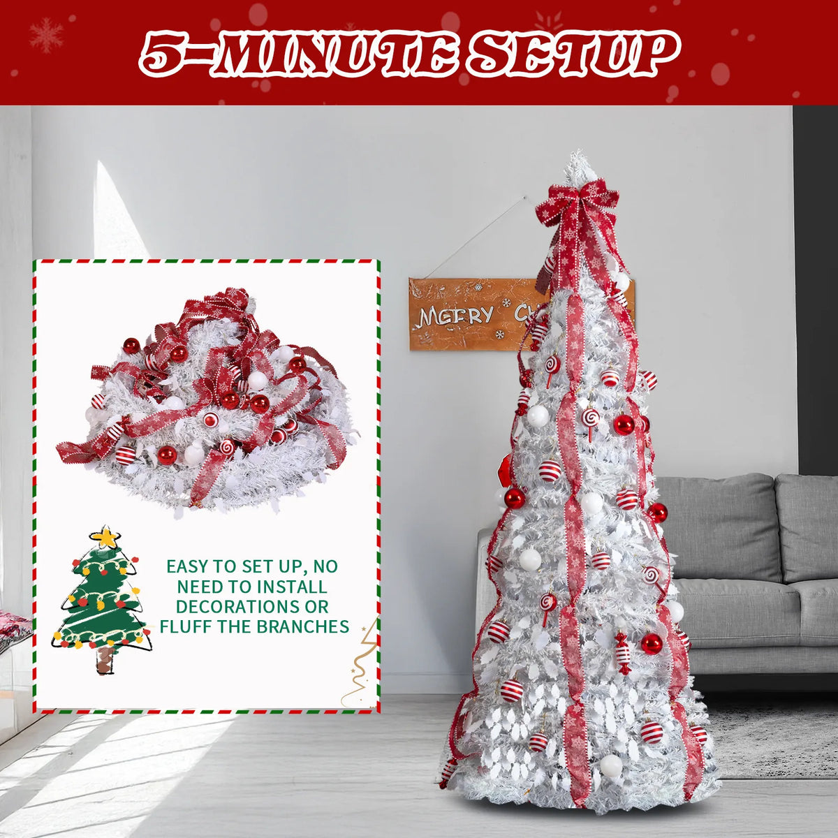 6ft White Pop-Up Pre-Lit Christmas Tree, Fully Decorated with 100 Warm White LEDs & Red Ornaments