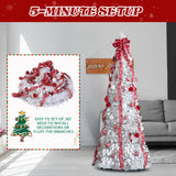6ft White Pop-Up Pre-Lit Christmas Tree, Fully Decorated with 100 Warm White LEDs & Red Ornaments